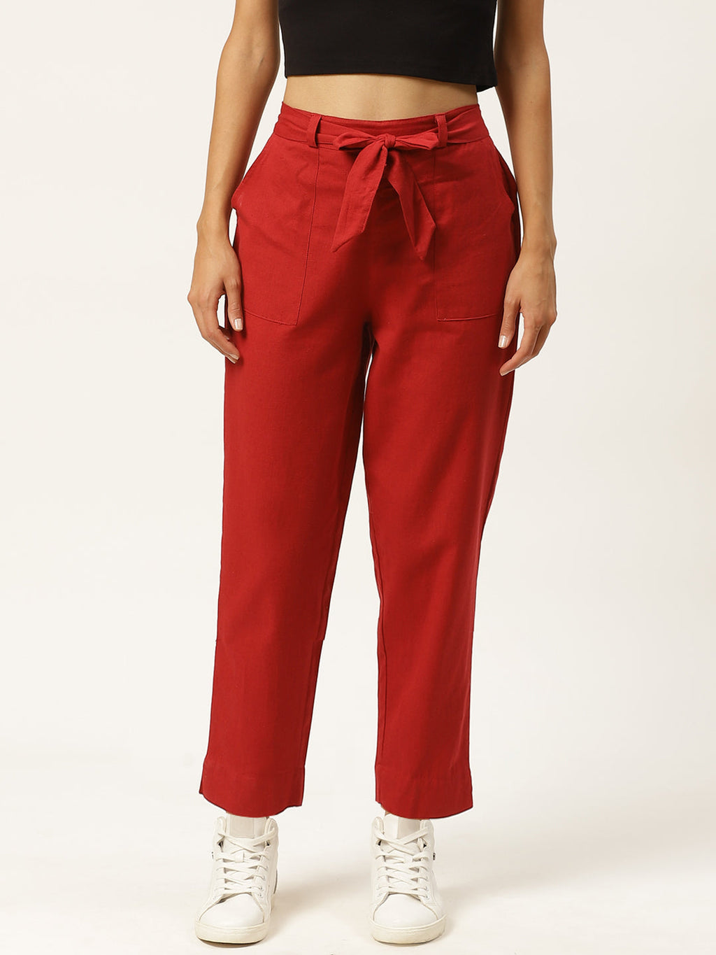 Women Regular Fit maroon Cotton Blend Trousers