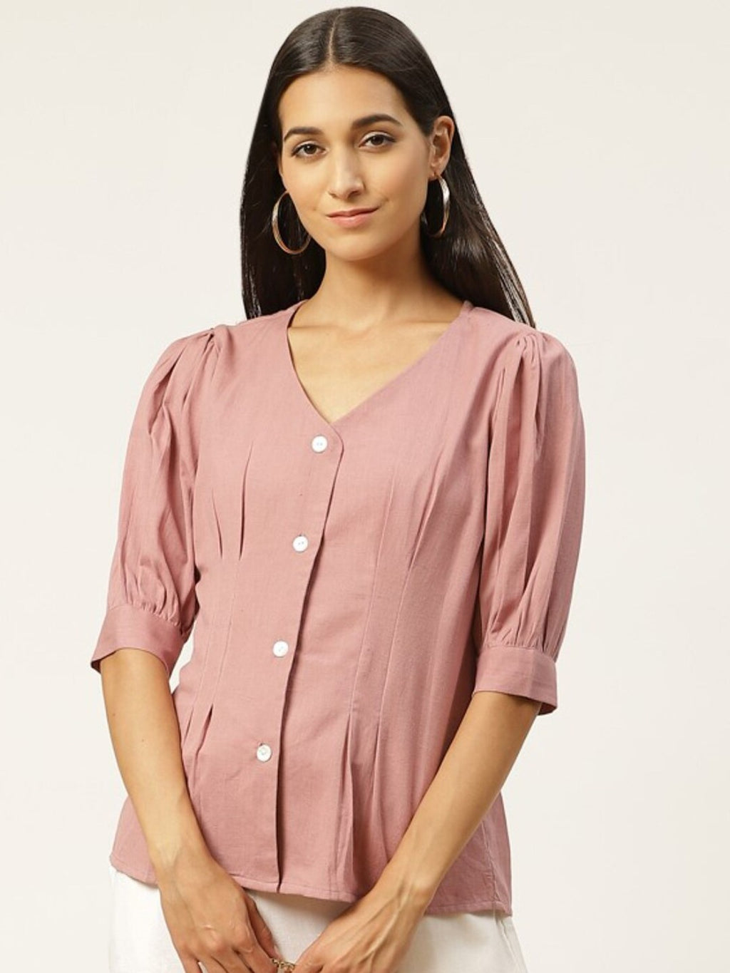 Women Peach-Coloured V-Neck Shirt-Style Top