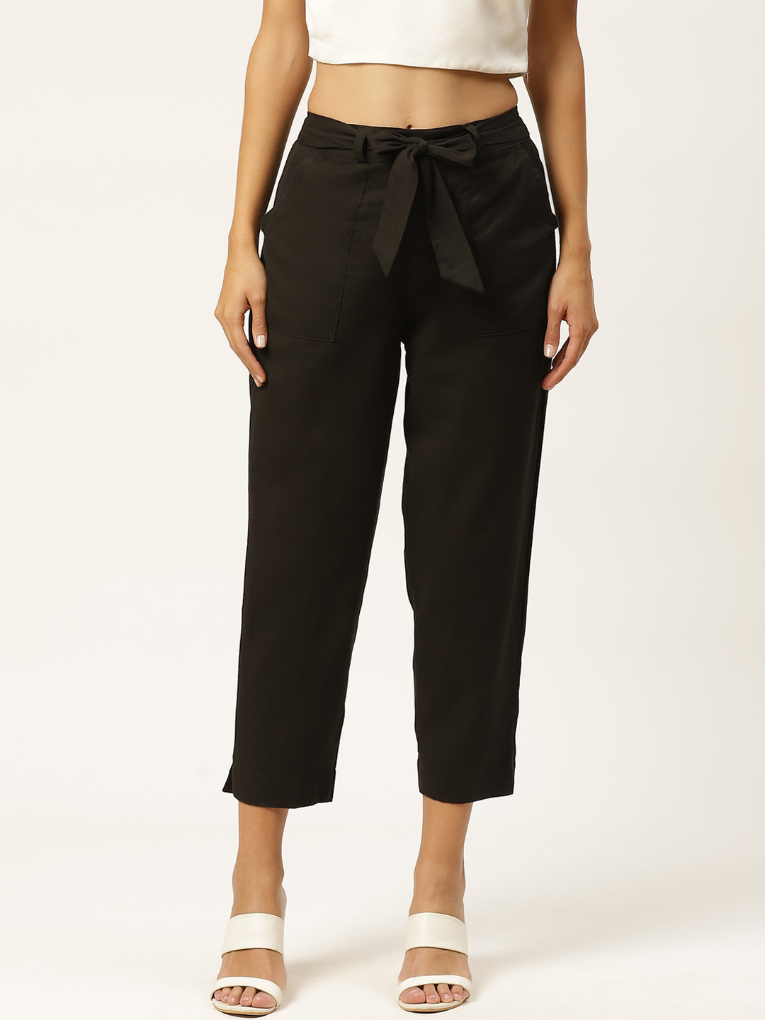 Women Regular Fit Black Cotton Blend Trousers