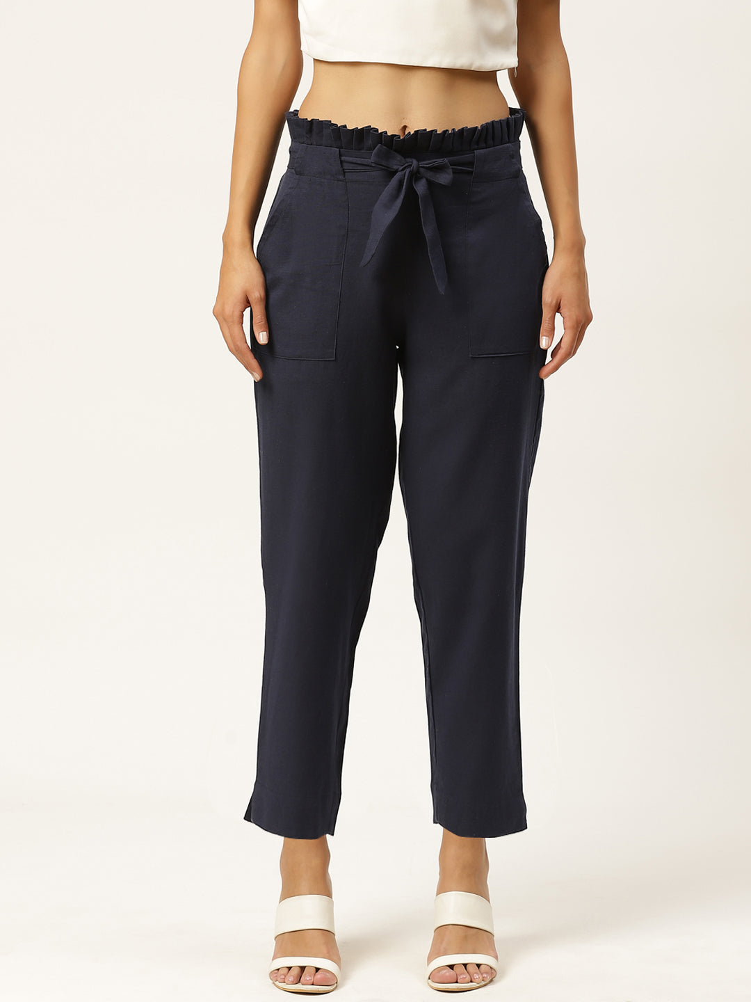 Women Regular Fit Navy Blue Pure Cotton Trousers