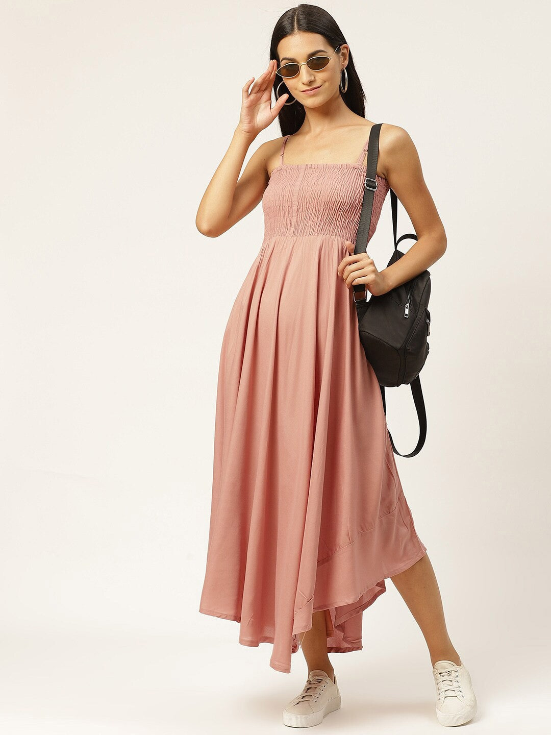 Orange Smocked Midi Dress