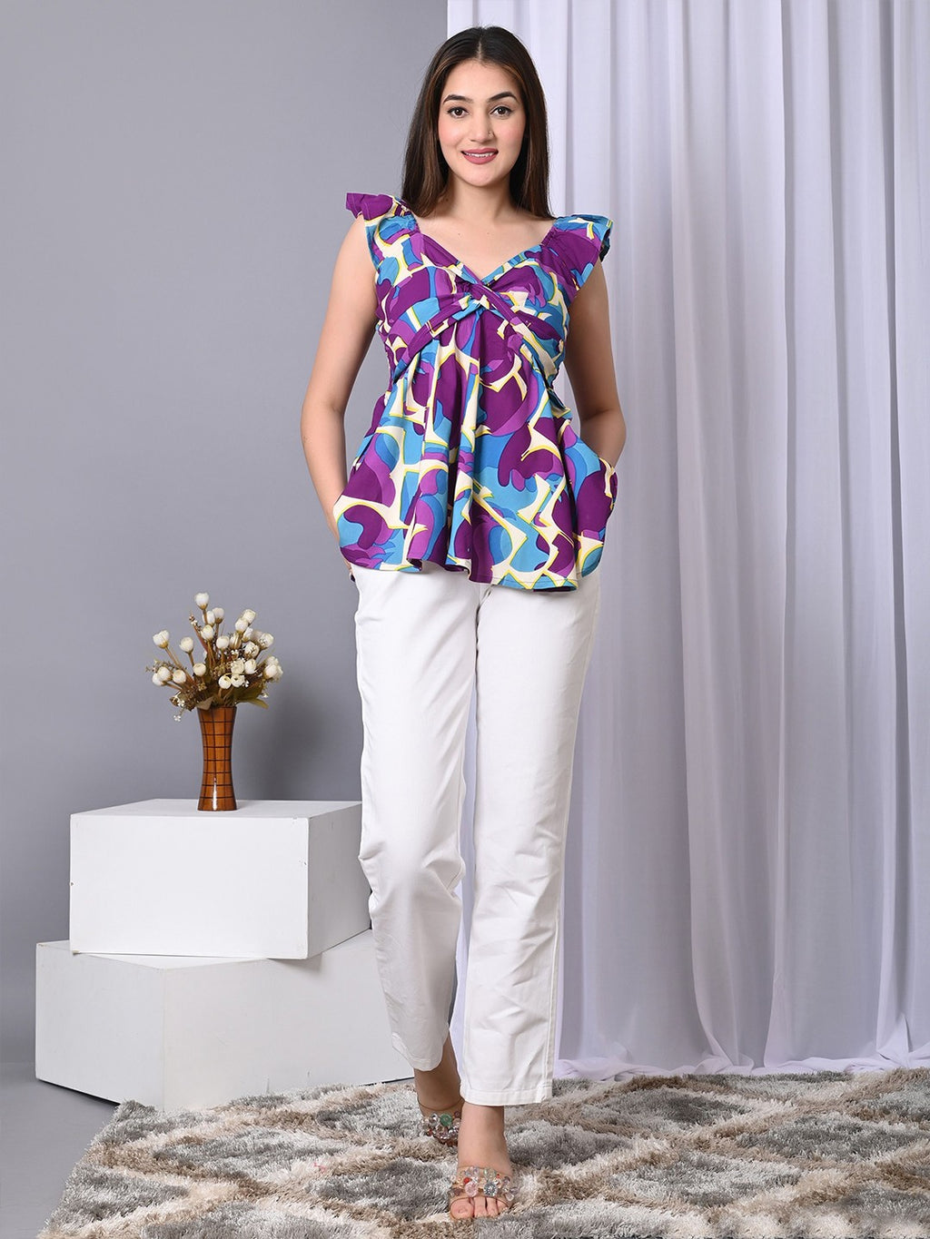 Abstract Printed V-Neck Twisted Longline Top