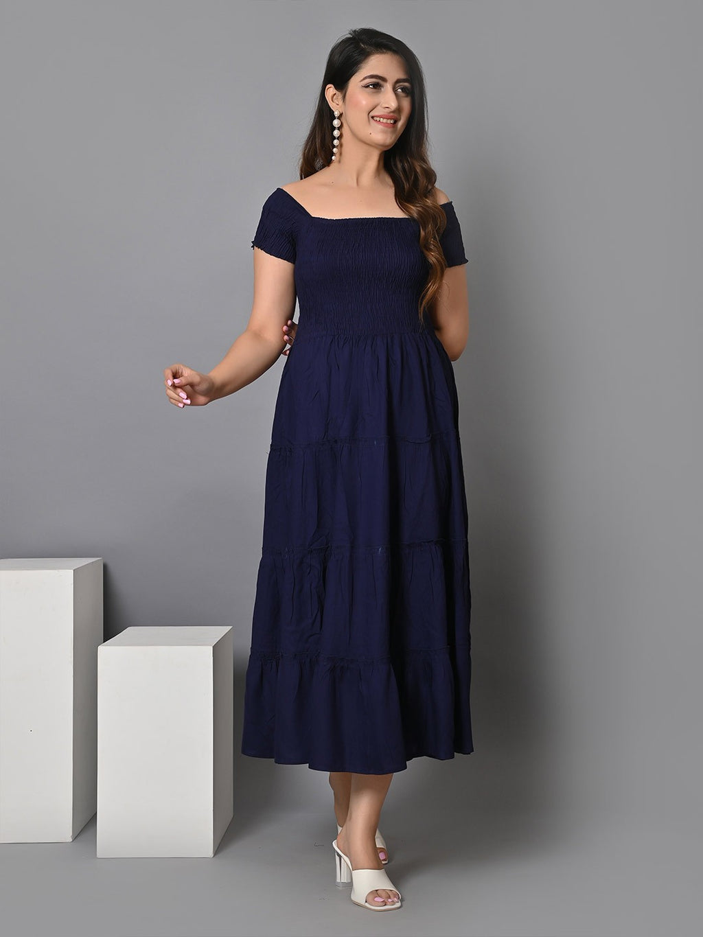Square Neck Smocked Tiered Fit & Flare Midi Dress