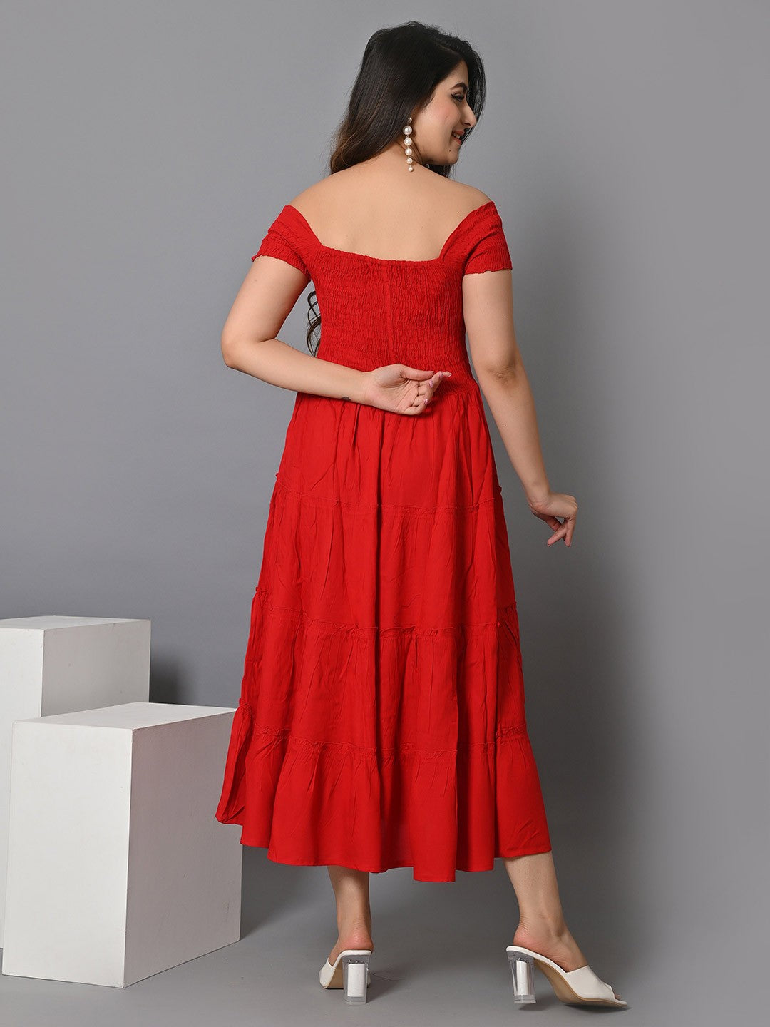 Off Shoulder Smocked Tiered Fit & Flare Maxi Dress