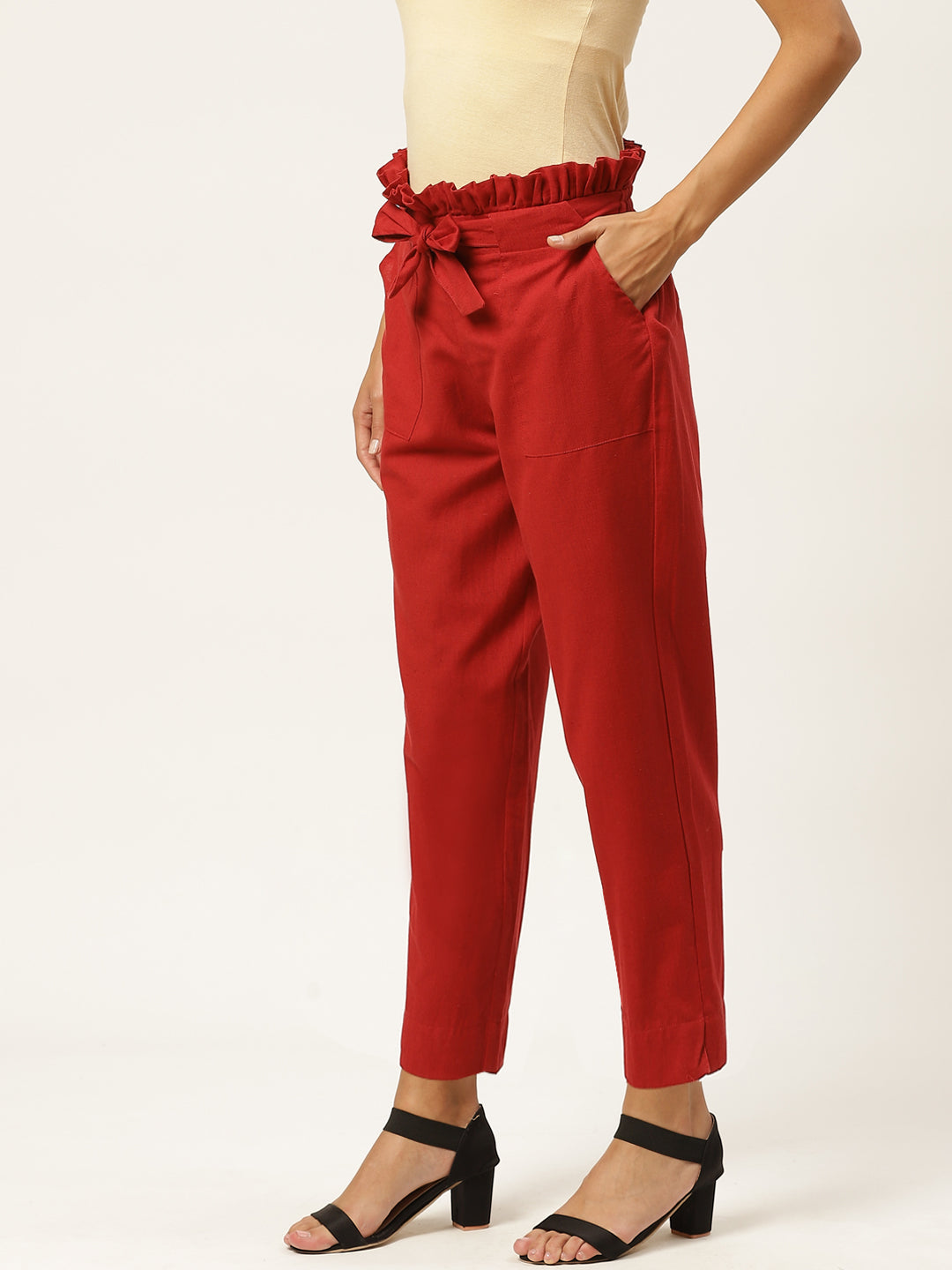 Women Regular Fit Maroon Pure Cotton Trousers