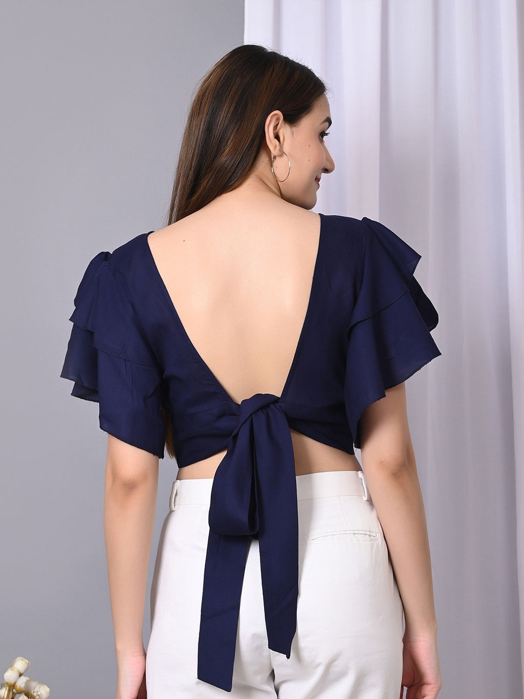 Flutter Women Solid Flutter Sleeve Ruffles Crop Top