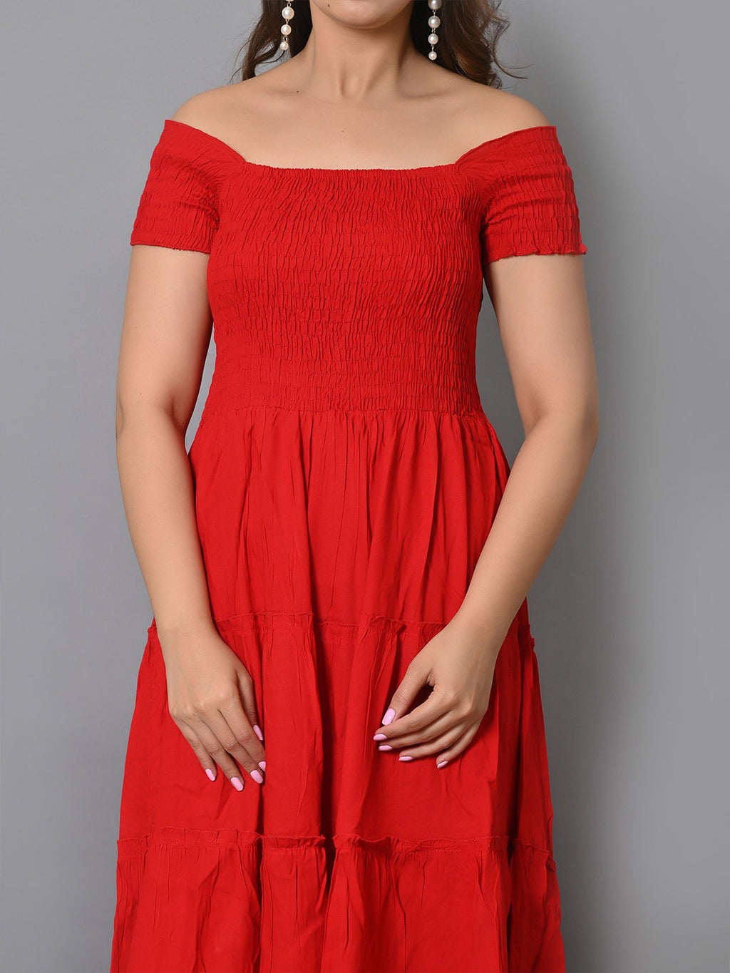 Off Shoulder Smocked Tiered Fit & Flare Maxi Dress