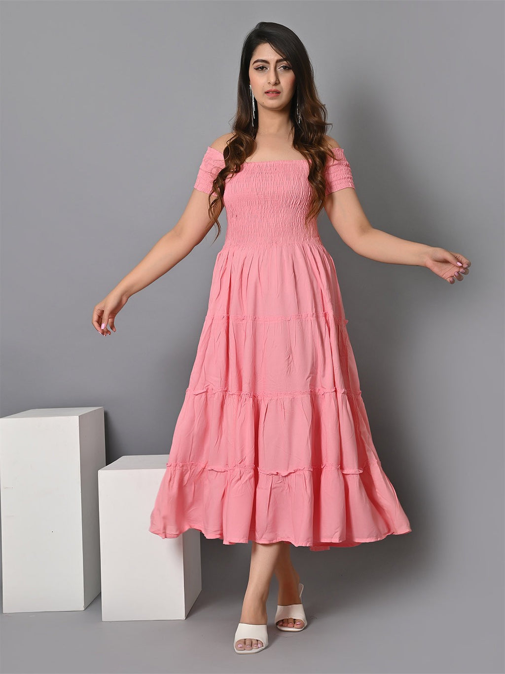 Off Shoulder Smocked Tiered Fit & Flare Midi Dress