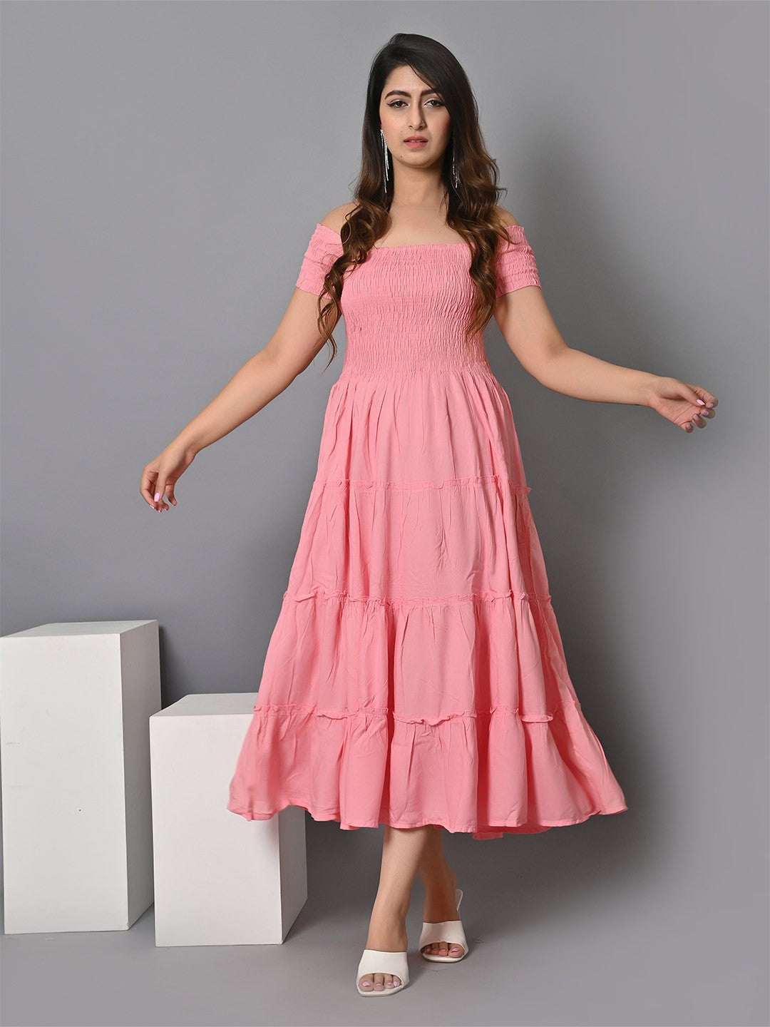Off Shoulder Smocked Tiered Fit & Flare Midi Dress