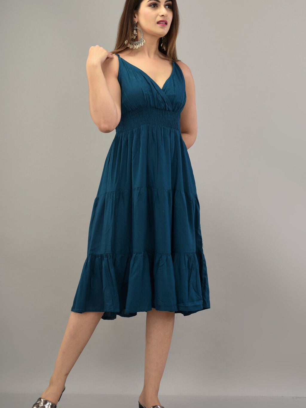 Blue Fit & Flare Tiered Midi Dress