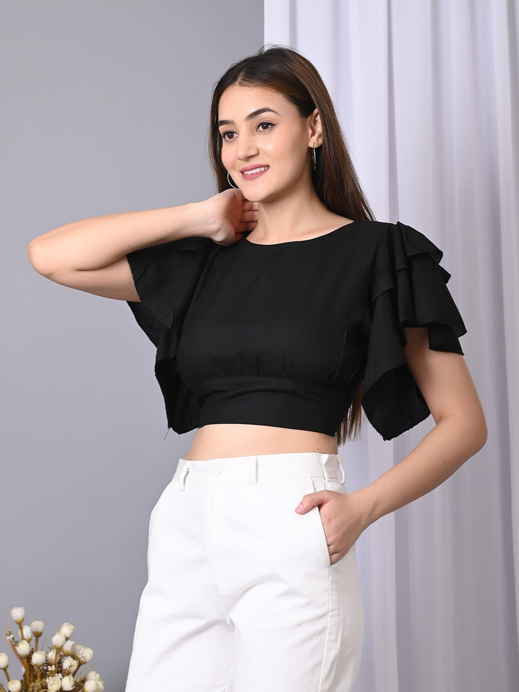 Boat Neck Flutter Sleeve Ruffles Crop Top