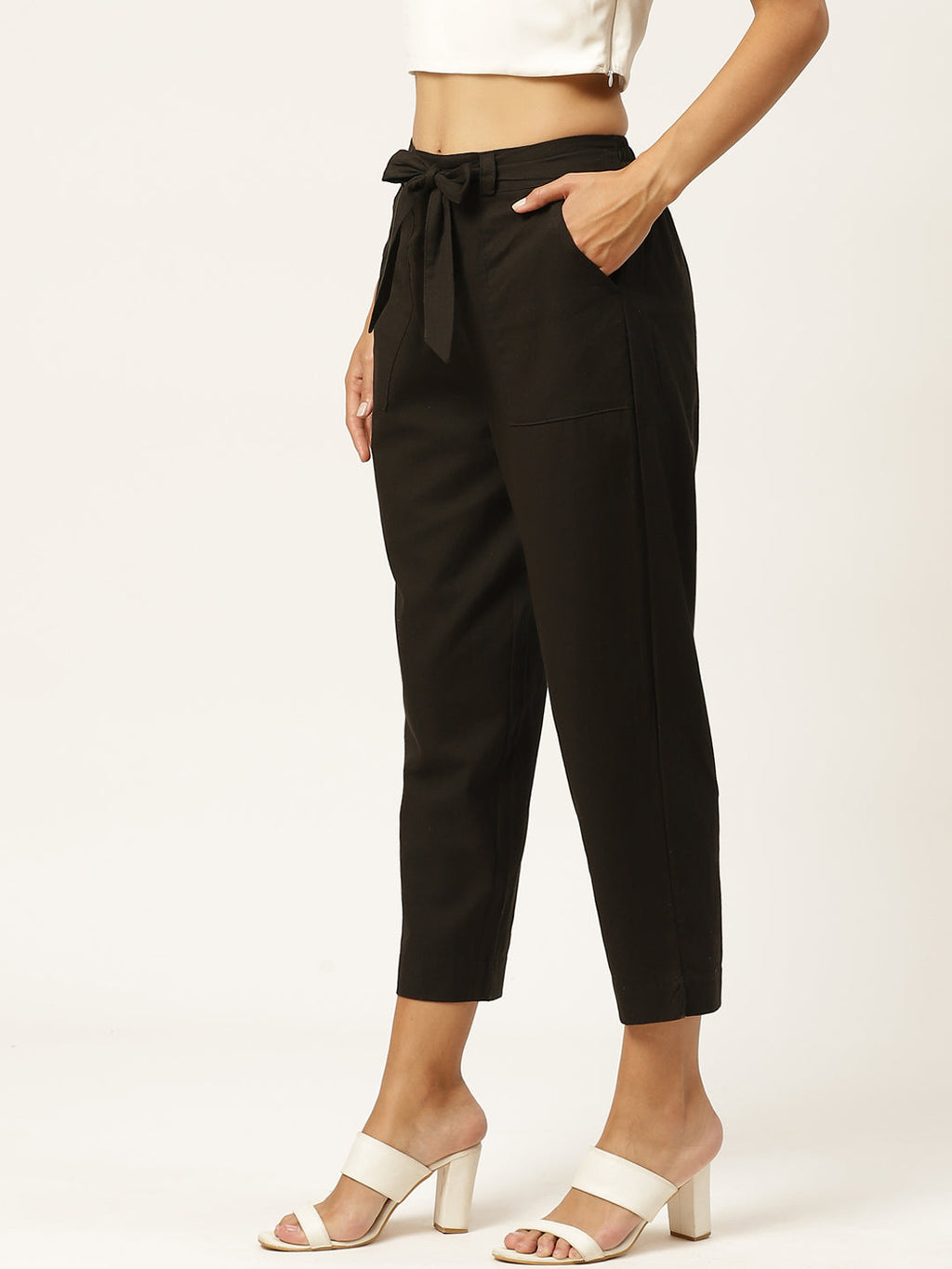 Women Regular Fit Black Cotton Blend Trousers