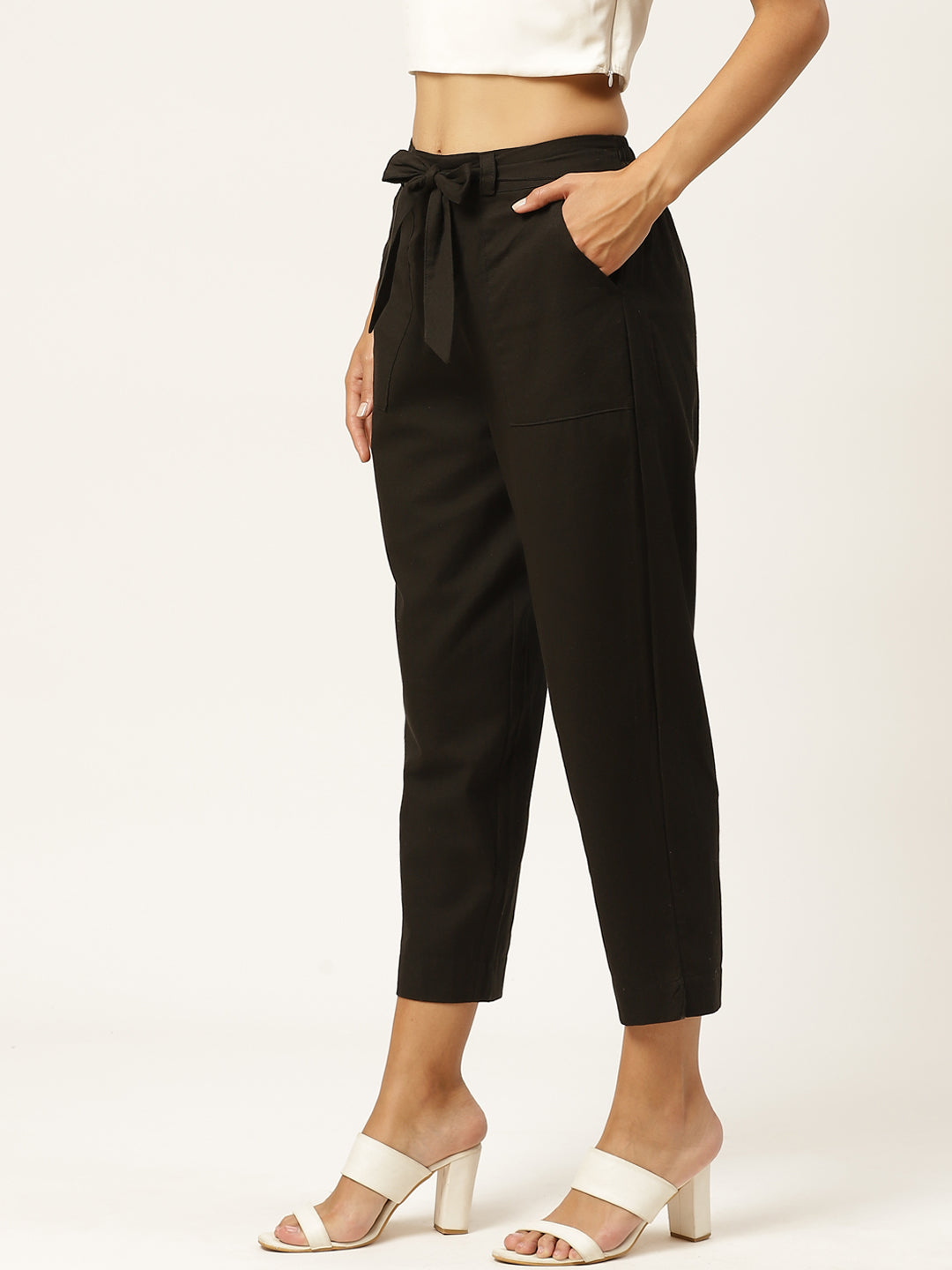 Women Regular Fit Black Cotton Blend Trousers
