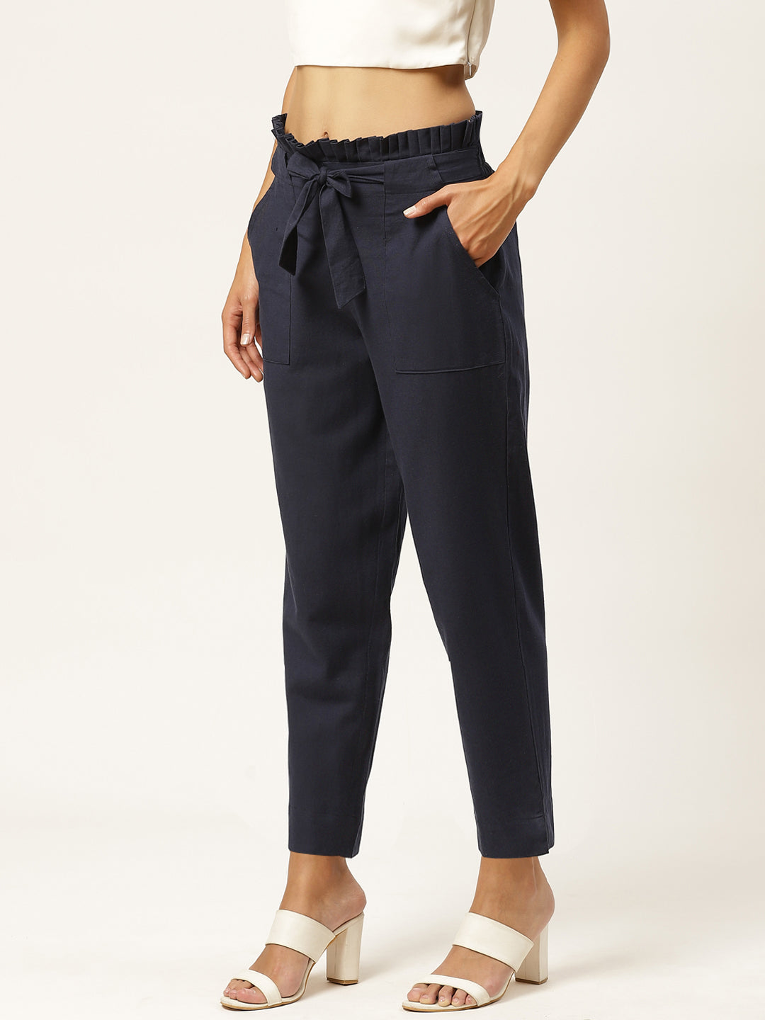 Women Regular Fit Navy Blue Pure Cotton Trousers