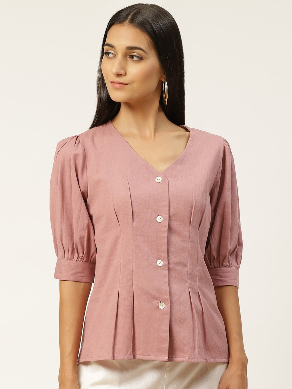 Women Peach-Coloured V-Neck Shirt-Style Top