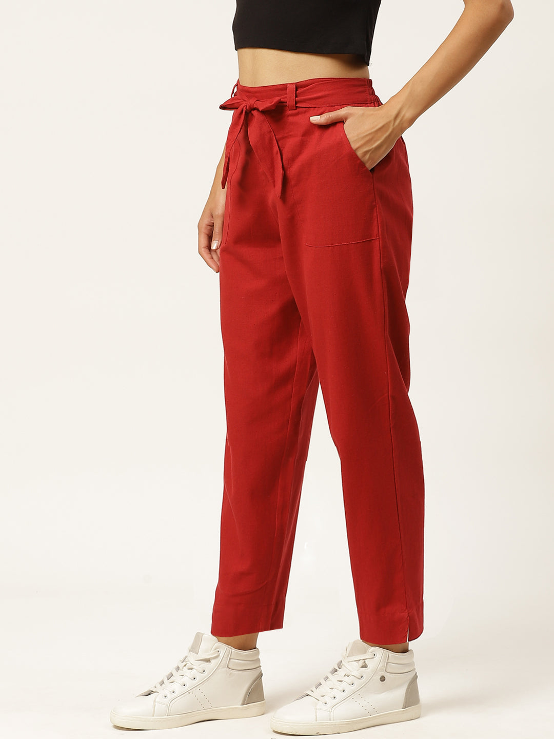 Women Regular Fit maroon Cotton Blend Trousers