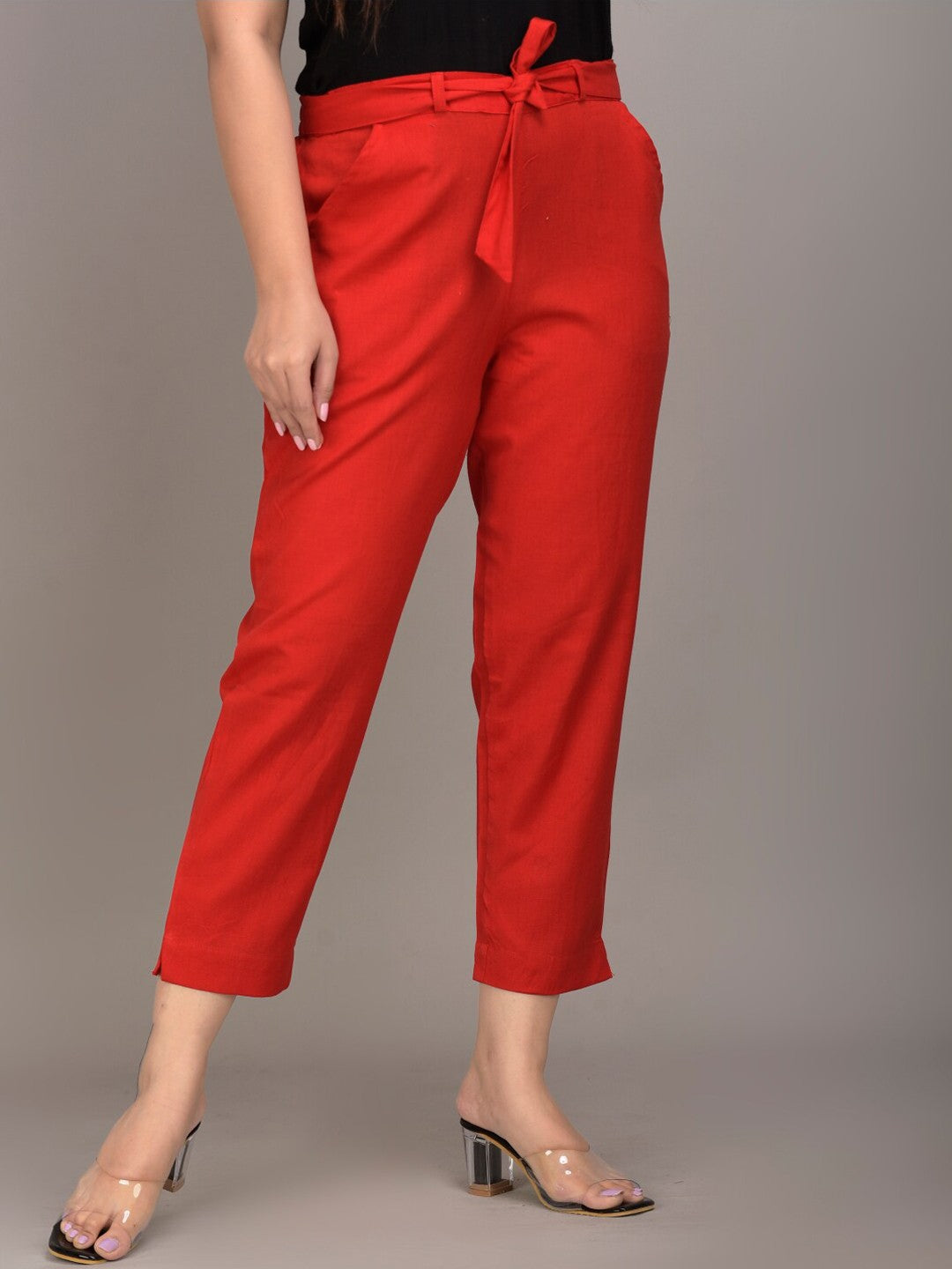 Women Red Slim Fit Trousers