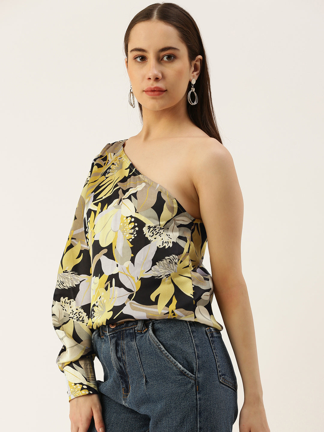 Casual One Shoulder Sleeves Printed Women Yellow Top