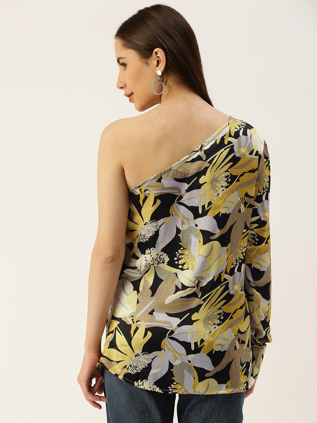 Casual One Shoulder Sleeves Printed Women Yellow Top