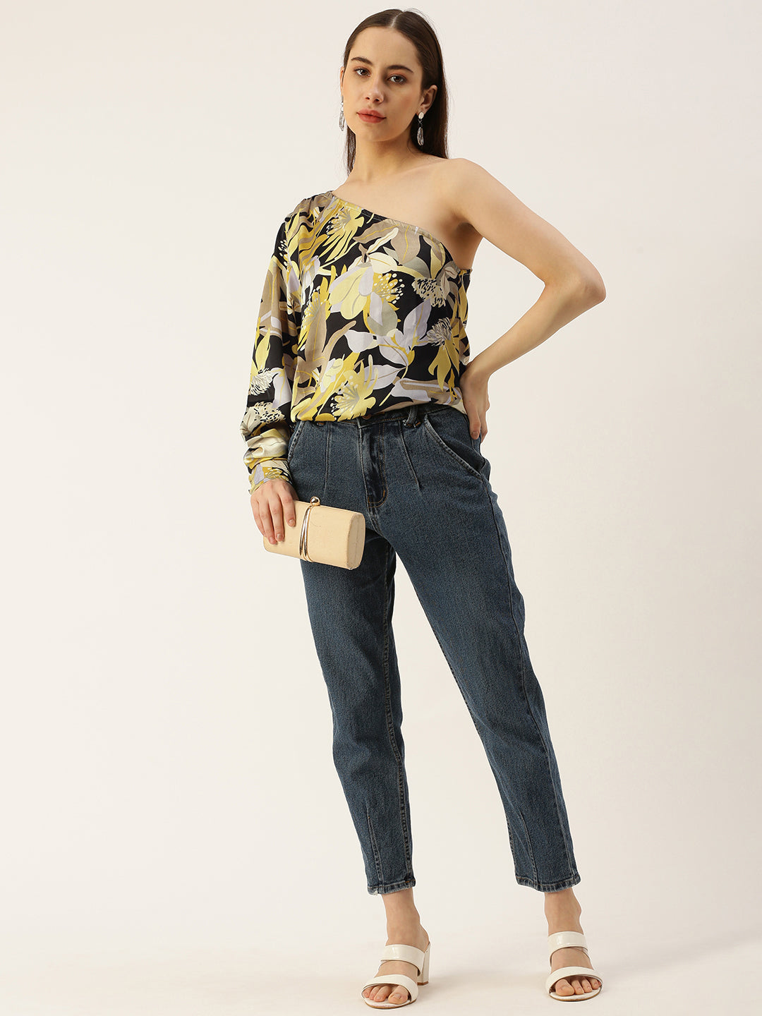 Casual One Shoulder Sleeves Printed Women Yellow Top