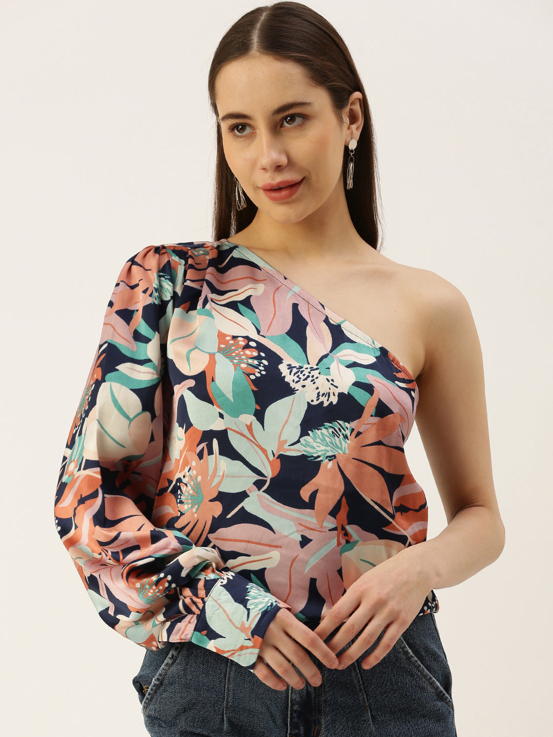 Casual One Shoulder Sleeves Printed Women Yellow Top