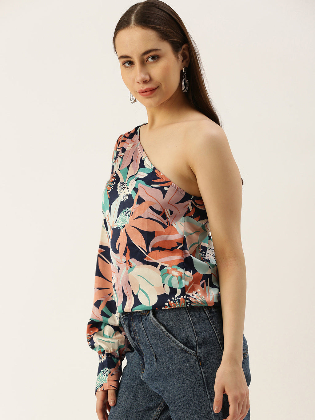 Casual One Shoulder Sleeves Printed Women Yellow Top