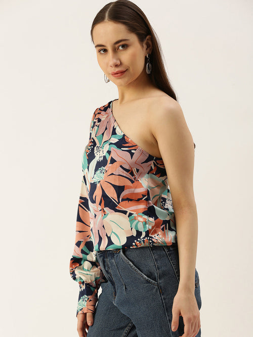 Casual One Shoulder Sleeves Printed Women Yellow Top