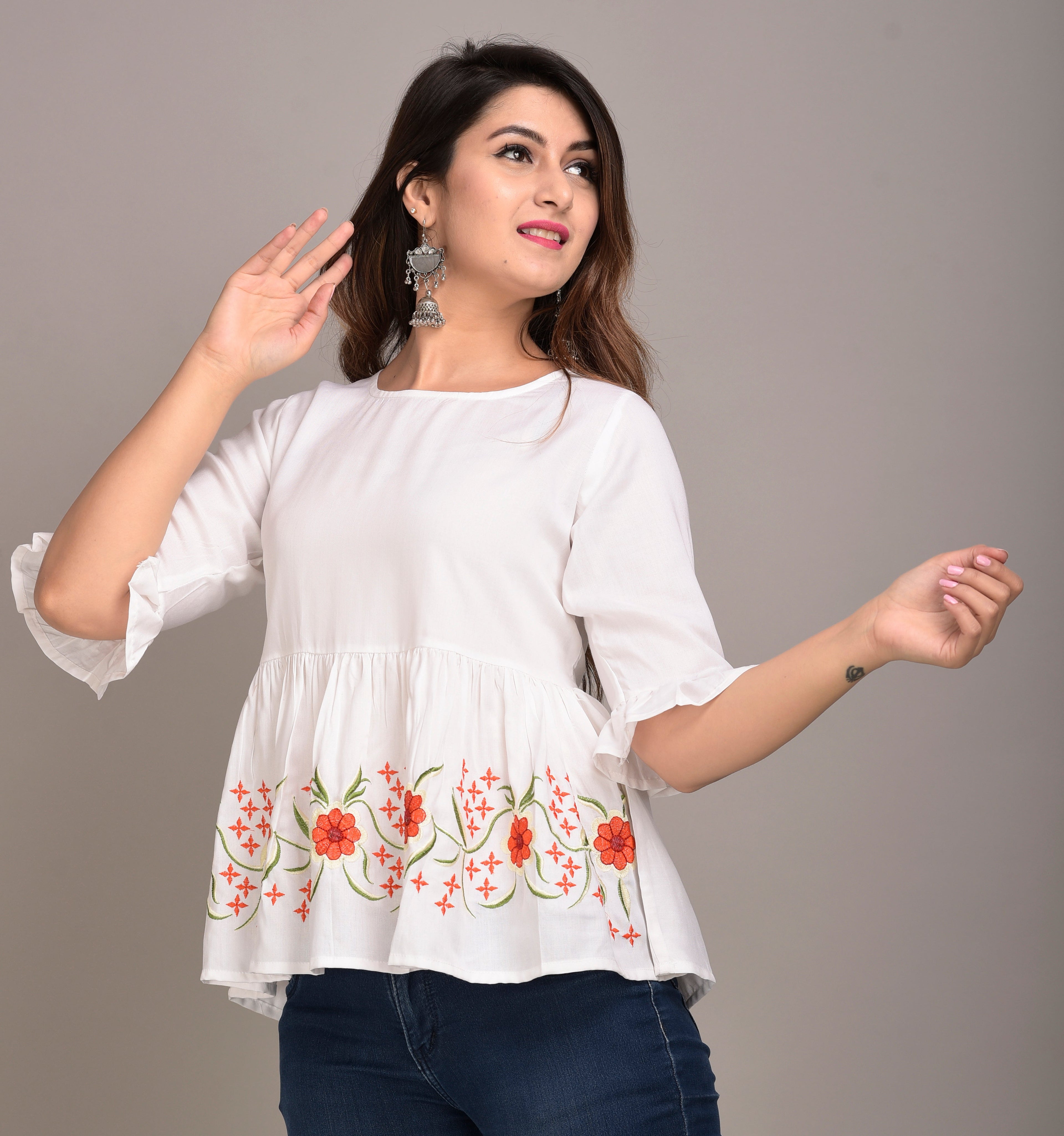 Casual Regular Sleeves Embroidered Women White Top