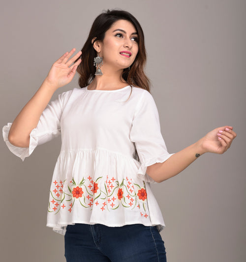 Casual Regular Sleeves Embroidered Women White Top