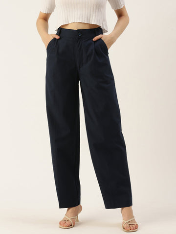 Women Regular Fit N BLUE Pure Cotton Trousers