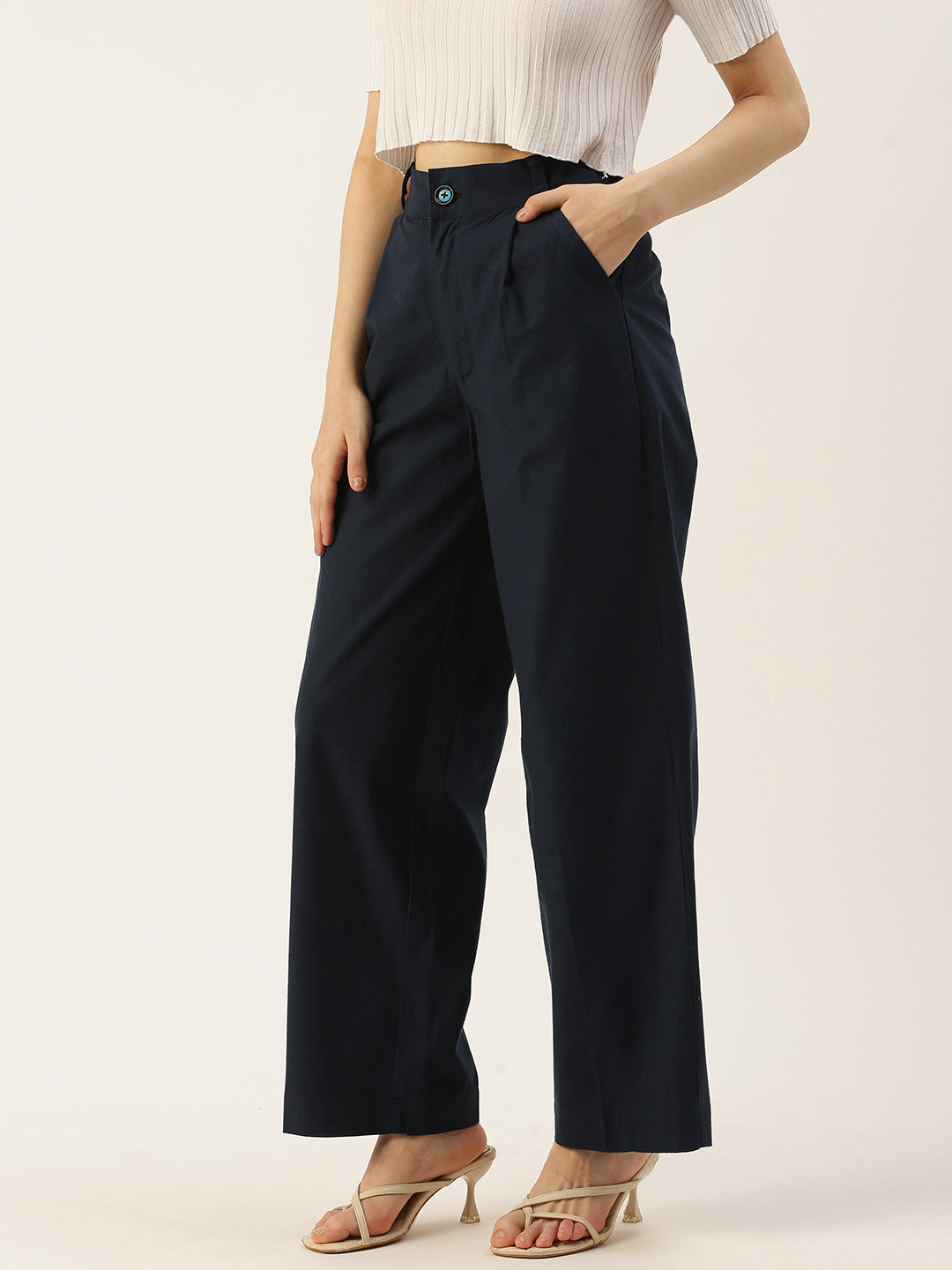 Women Regular Fit N BLUE Pure Cotton Trousers