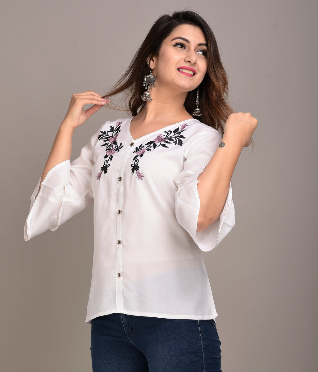 Casual Regular Sleeves Embroidered Women White Top