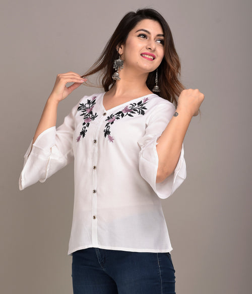 Casual Regular Sleeves Embroidered Women White Top