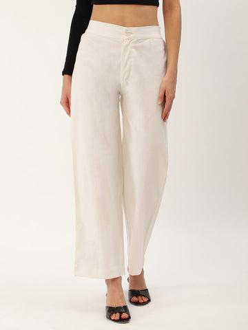 Women Regular Fit WHITE Pure Cotton Trousers