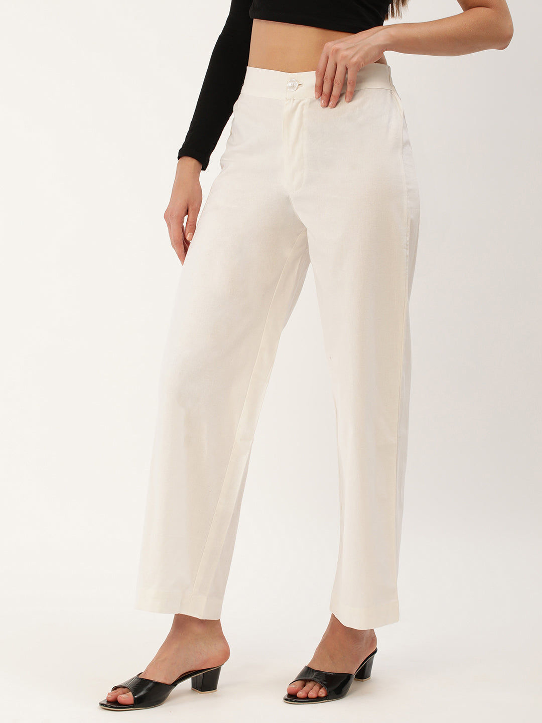 Women Regular Fit WHITE Pure Cotton Trousers