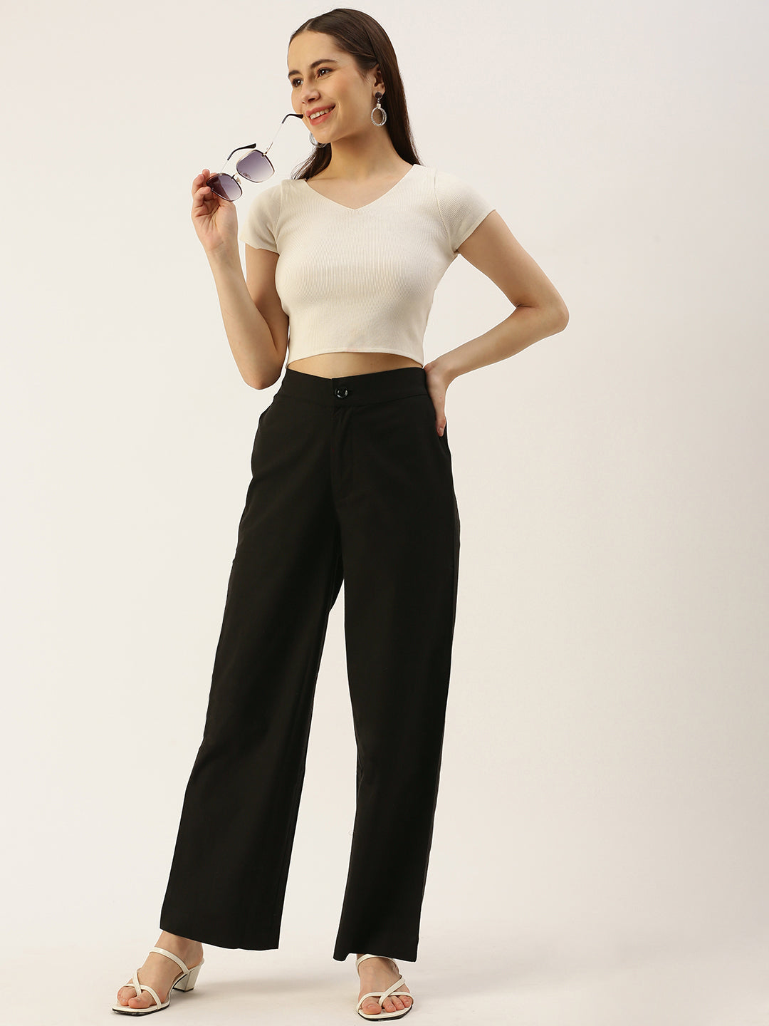 Women Regular Fit BLACK Pure Cotton Trousers