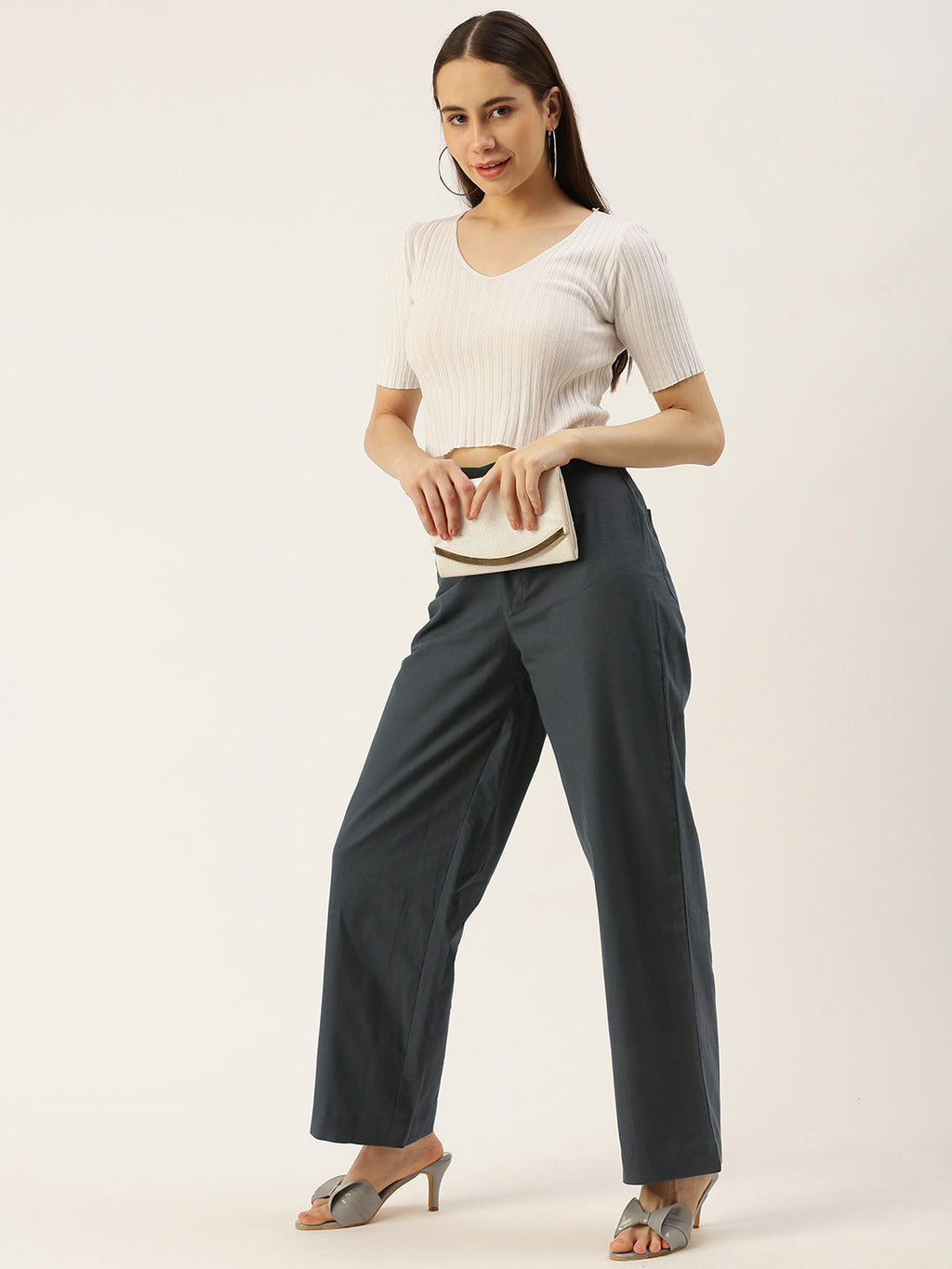 Women Regular Fit GREY Pure Cotton Trousers