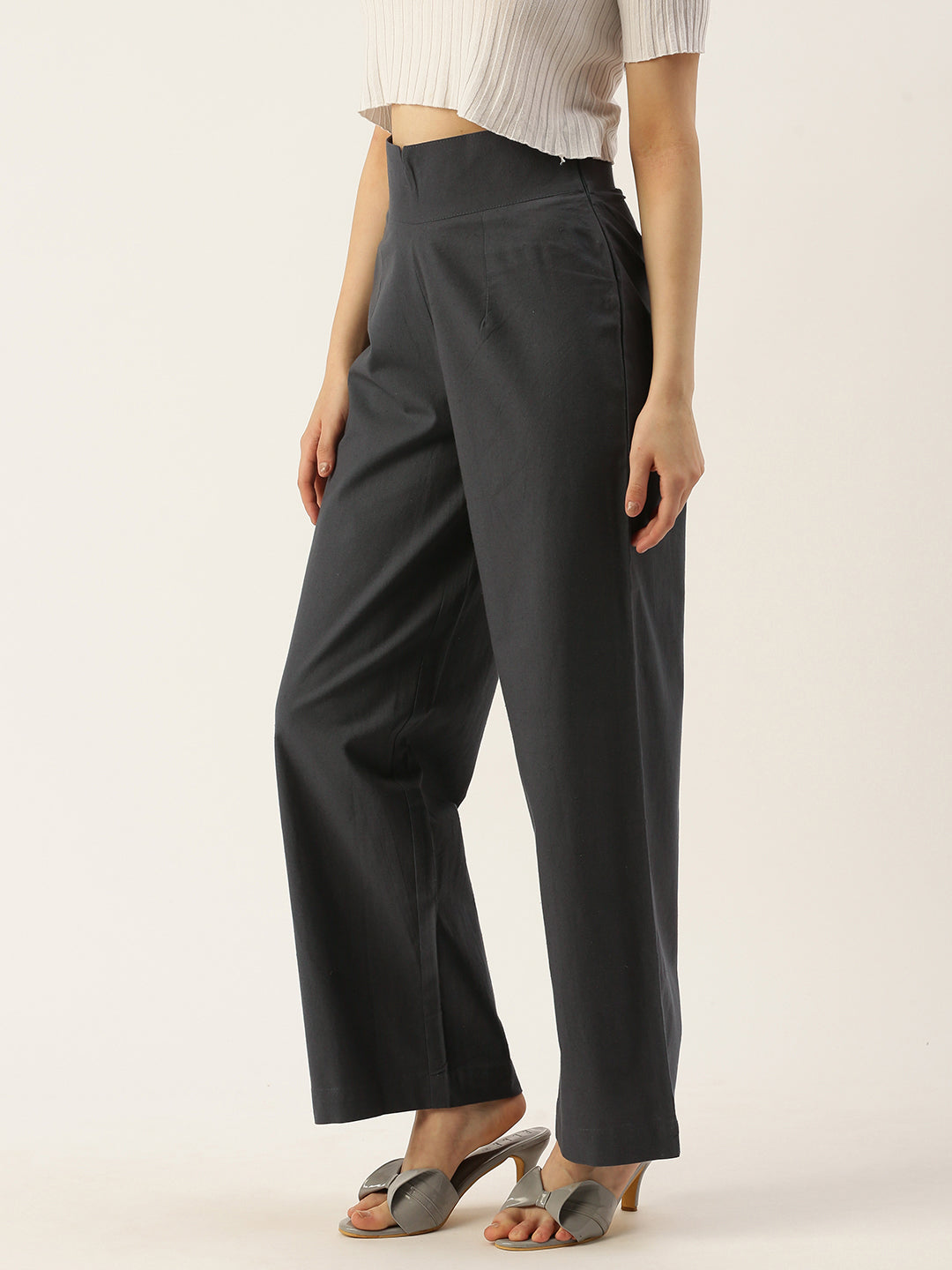 Women Regular Fit GREY Pure Cotton Trousers