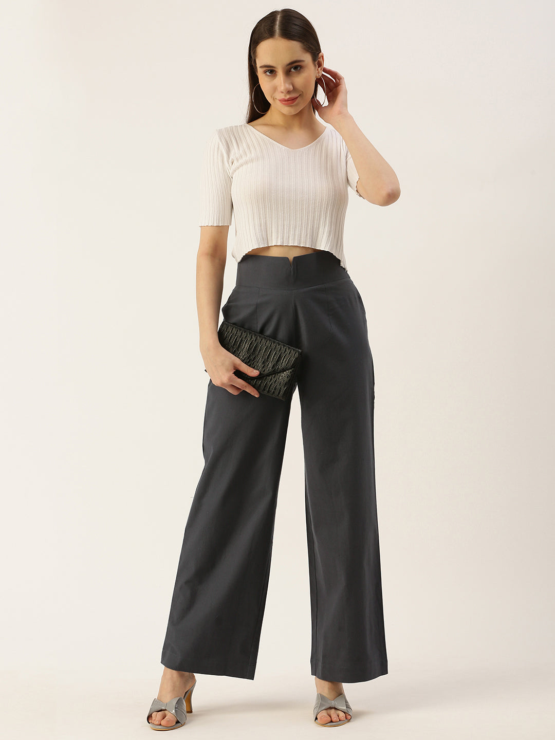 Women Regular Fit GREY Pure Cotton Trousers
