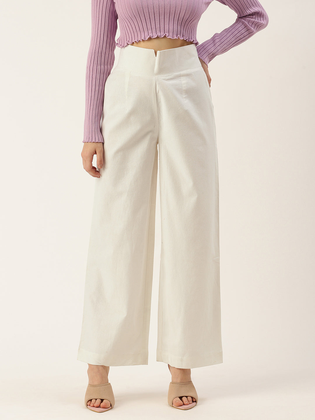 Women Regular Fit WHITE Pure Cotton Trousers