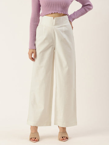 Women Regular Fit WHITE Pure Cotton Trousers