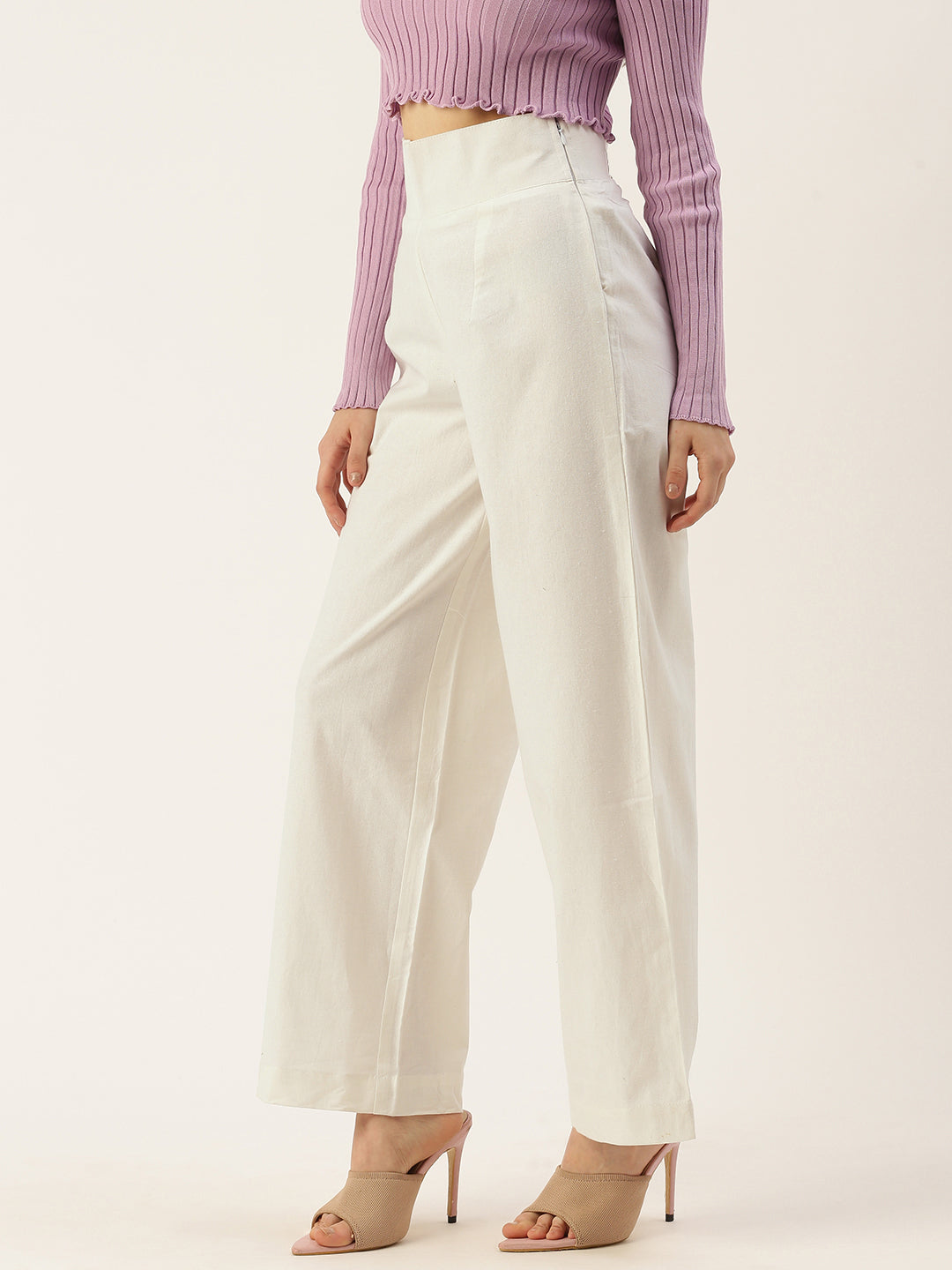 Women Regular Fit WHITE Pure Cotton Trousers