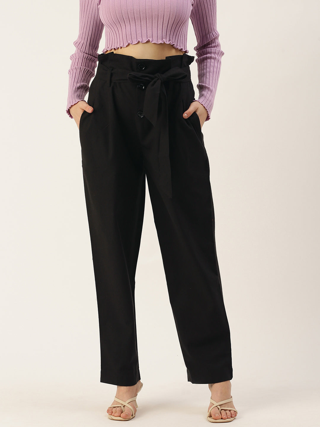 Women Regular Fit BLACK Pure Cotton Trousers