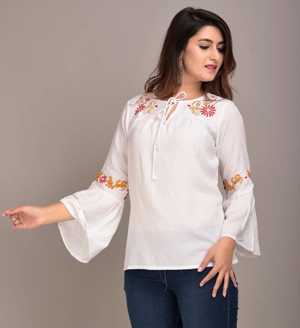 Casual Bell Sleeves Embroidered Women White Top