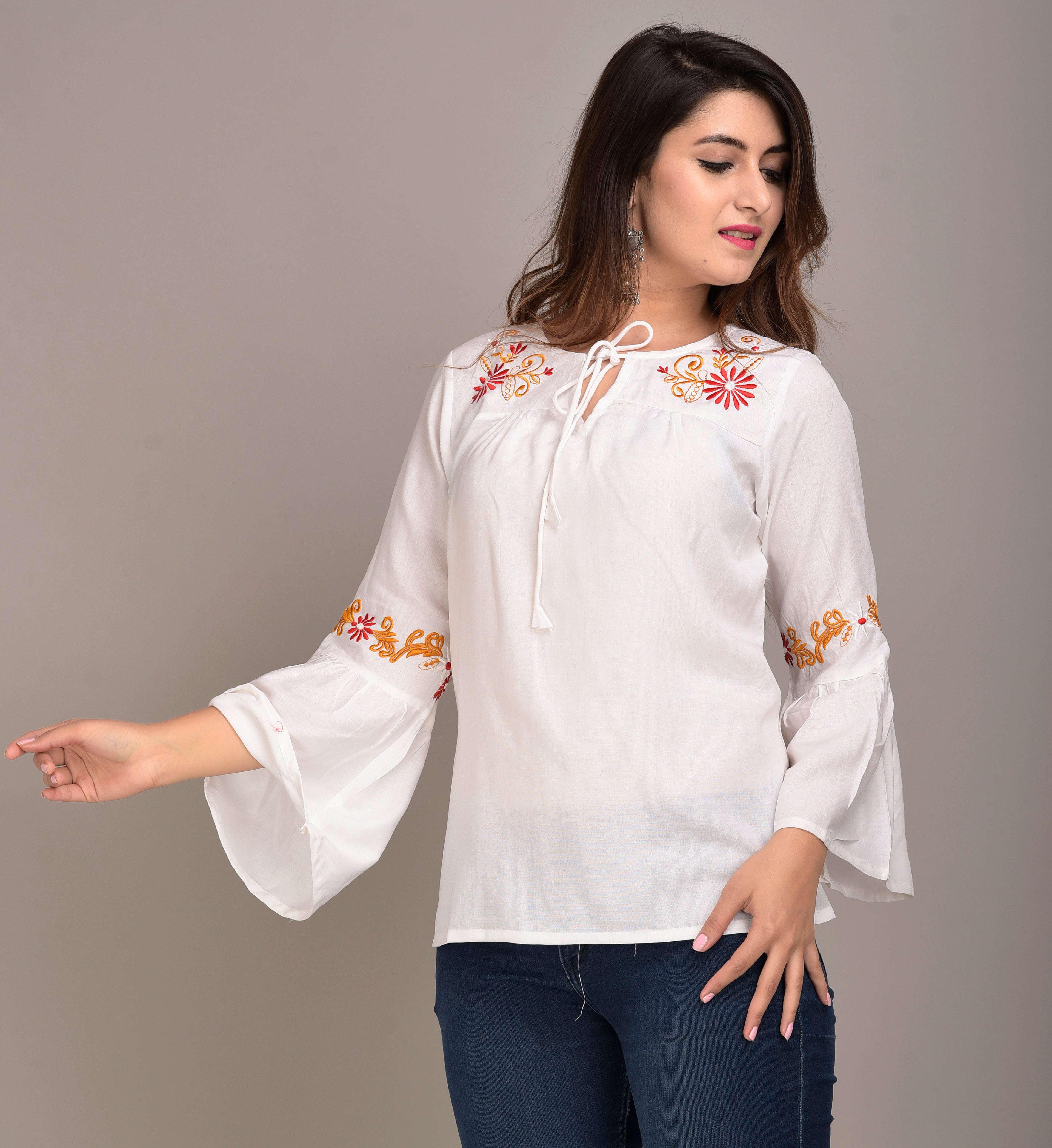 Casual Bell Sleeves Embroidered Women White Top
