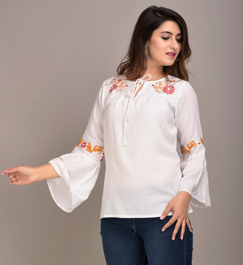 Casual Bell Sleeves Embroidered Women White Top