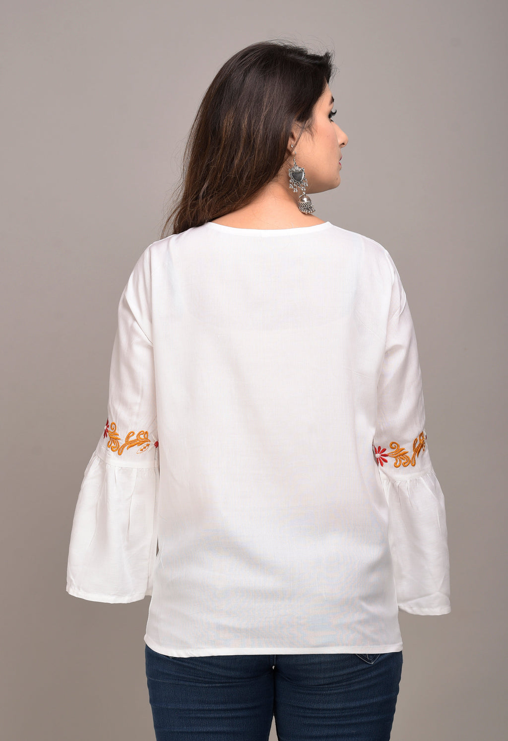 Casual Bell Sleeves Embroidered Women White Top