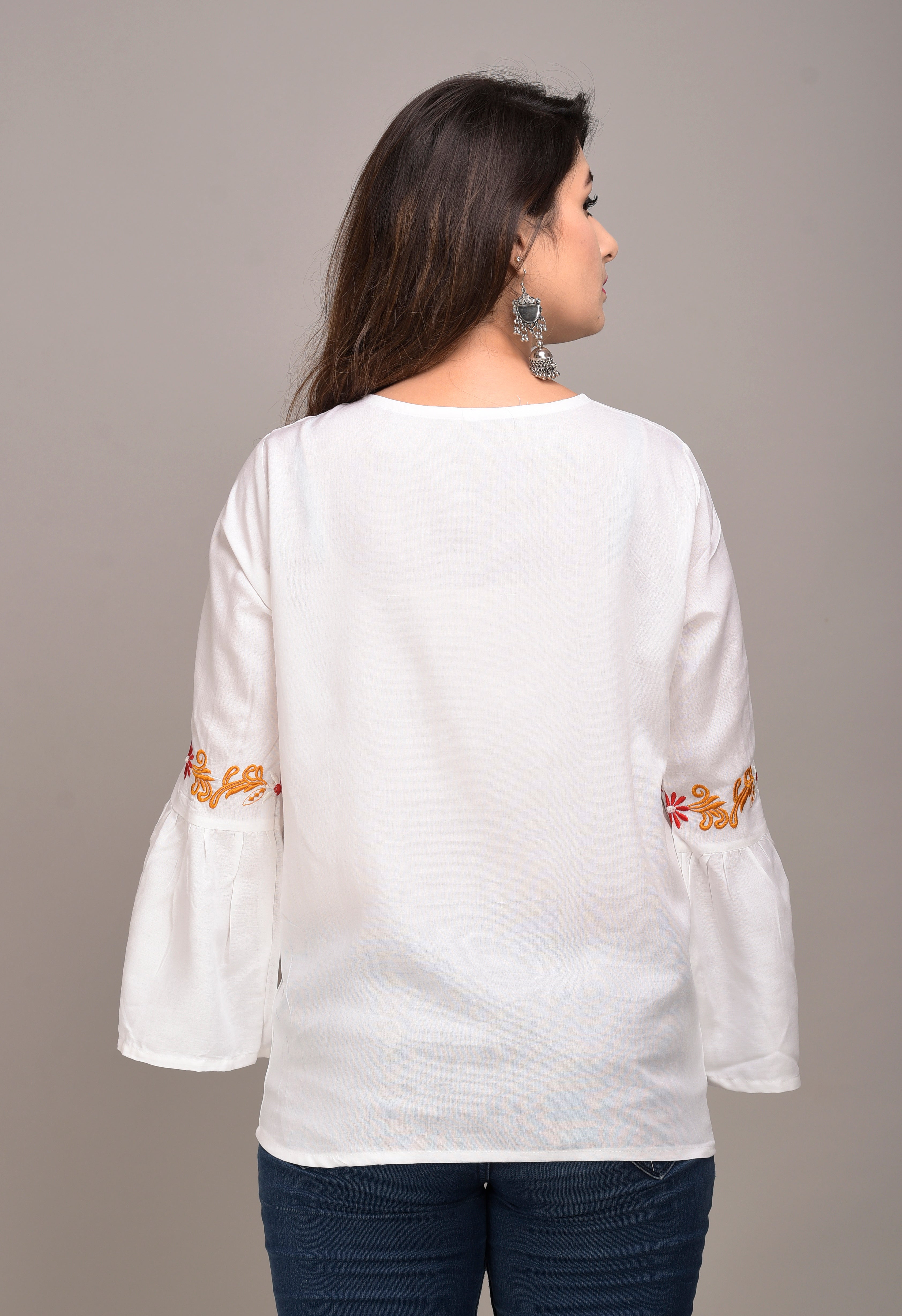 Casual Bell Sleeves Embroidered Women White Top