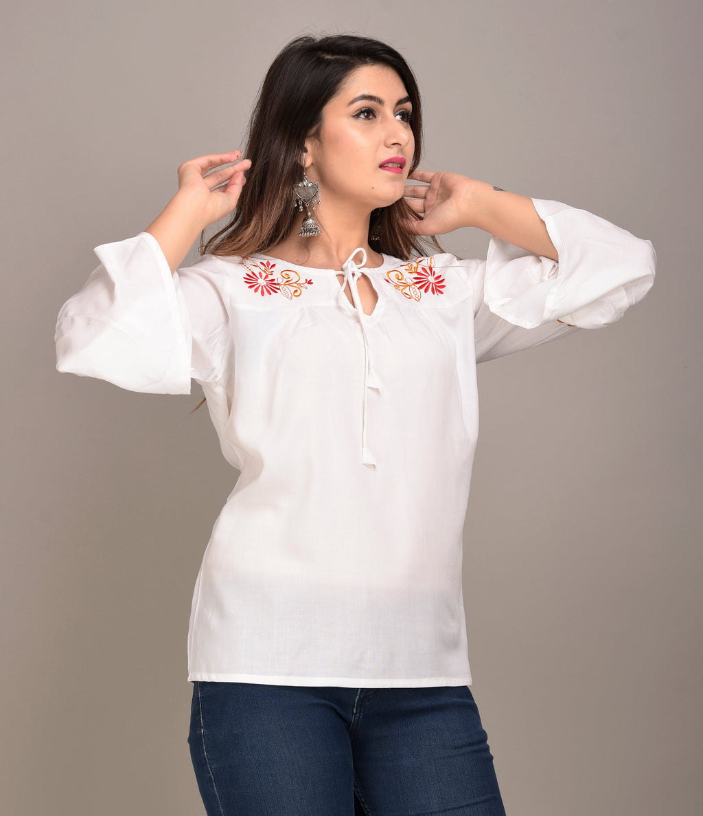 Casual Bell Sleeves Embroidered Women White Top
