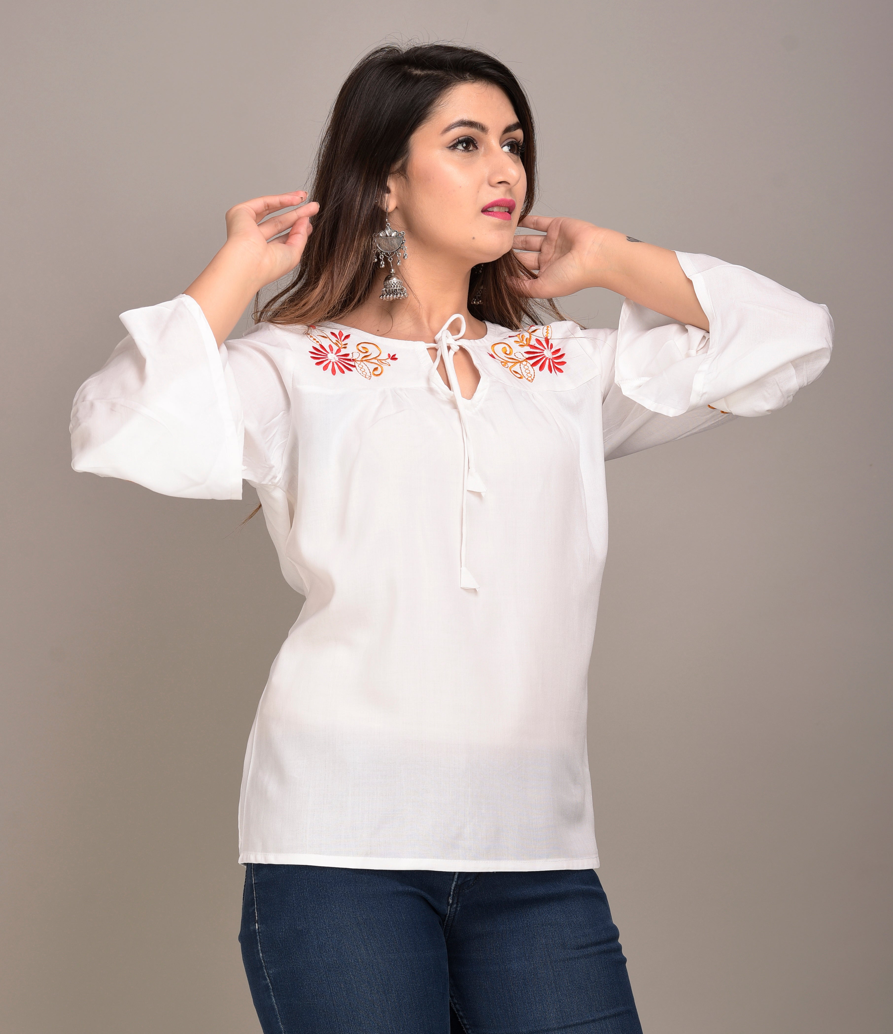Casual Bell Sleeves Embroidered Women White Top